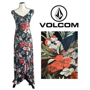 VOLCOM  CoCo Ho Black Floral Tropical Maxi Dress Summer Vacation Beach XS